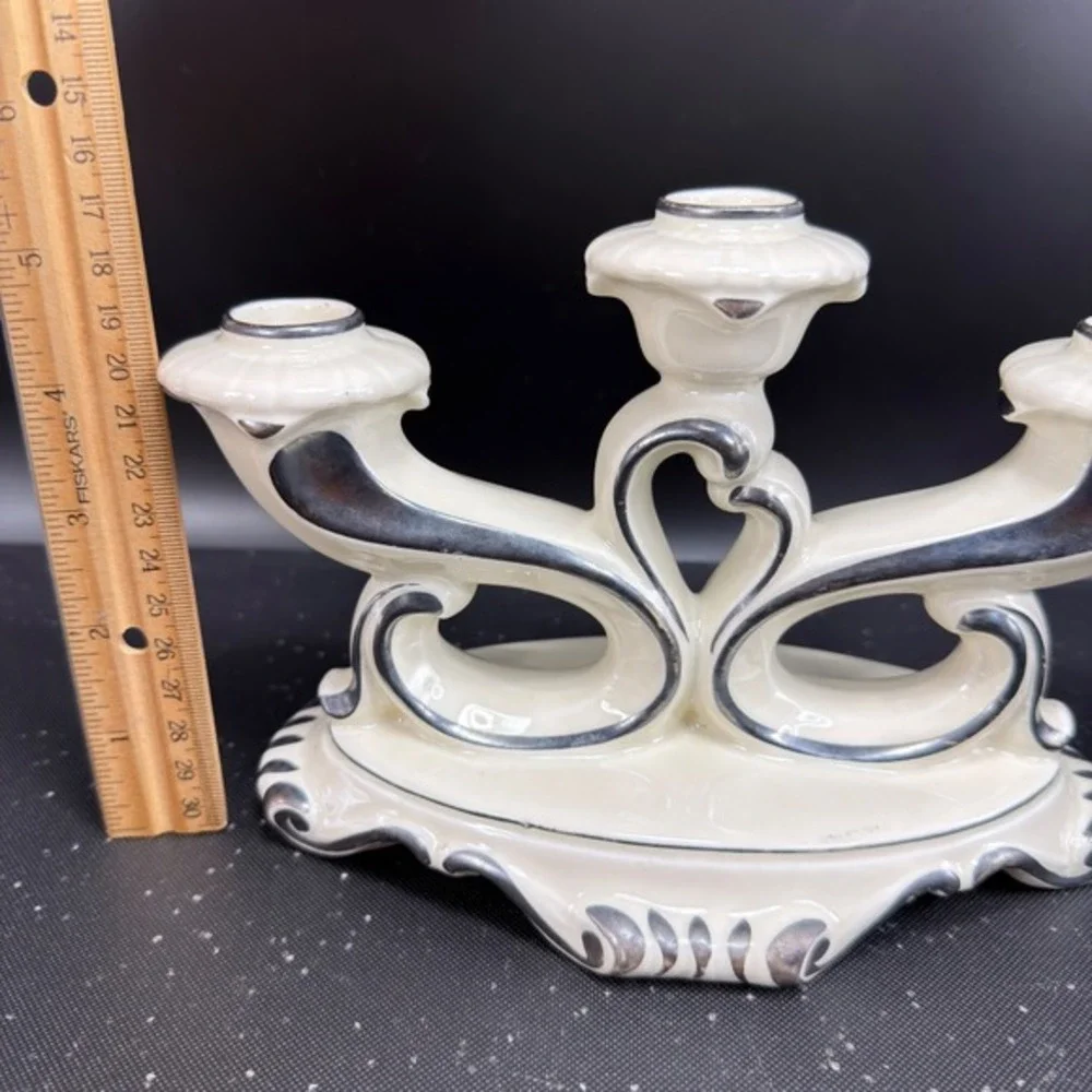 Mitterteich Bavaria Porcelain 3 Light Candelabra Silver Trim Cream 5.5x9 Vintage